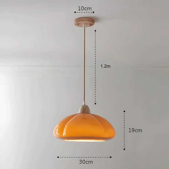 Retro hanglamp met pompoenvormige glazen kap en houten voet