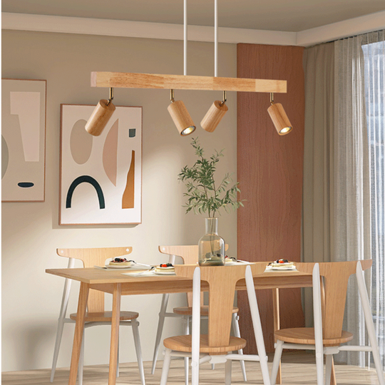 Minimalistische houten plafondlamp met verstelbare spots en duurzame afwerking