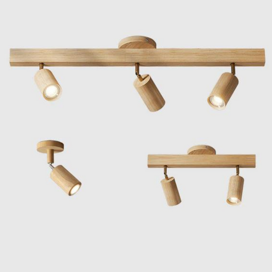 Minimalistische houten plafondlamp met verstelbare spots en duurzame afwerking