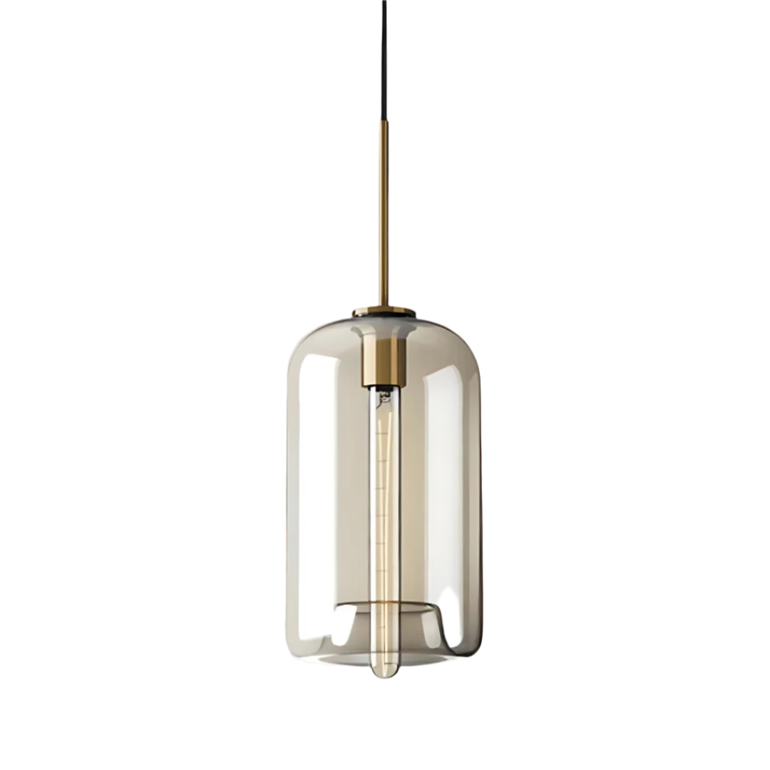 Moderne hanglamp van messing en glas met minimalistisch design