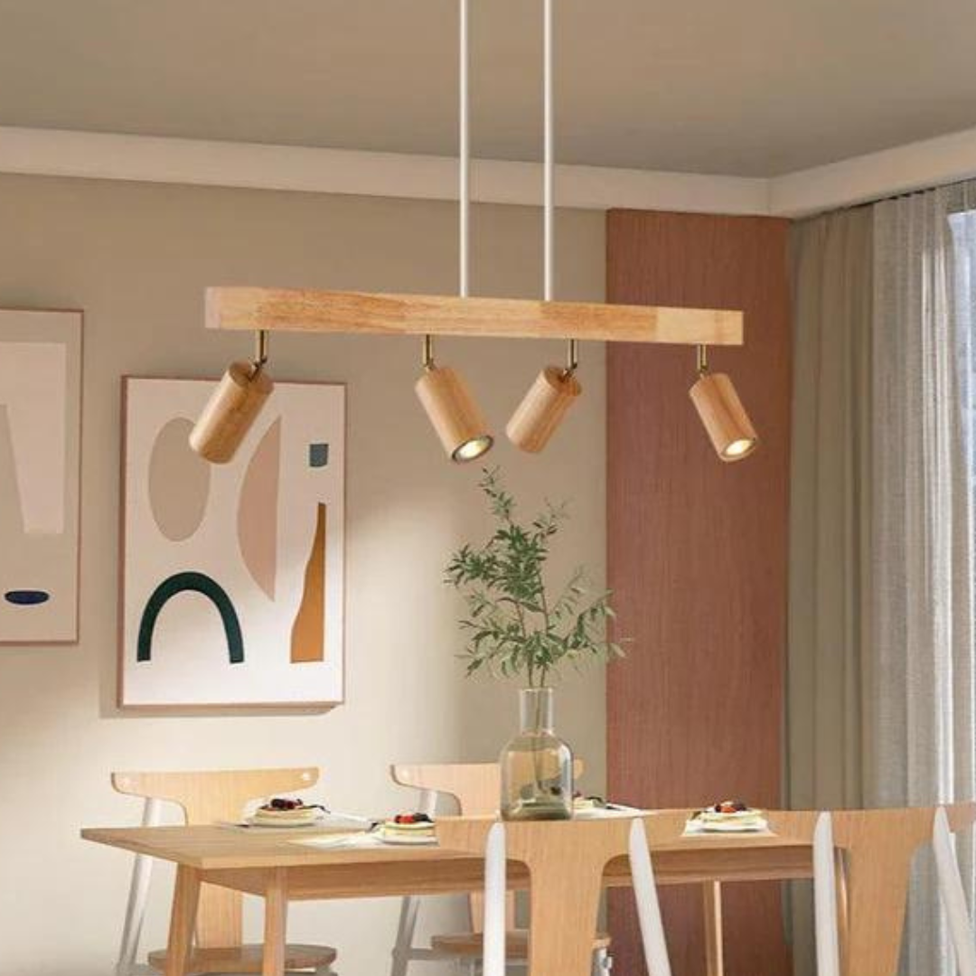 Minimalistische houten plafondlamp met verstelbare spots en duurzame afwerking