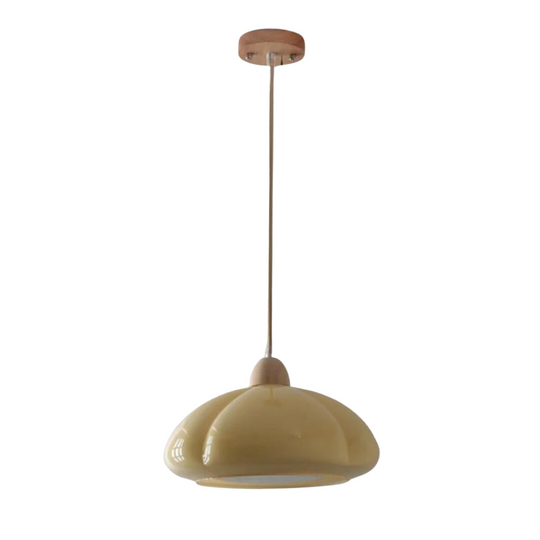 Retro hanglamp met pompoenvormige glazen kap en houten voet