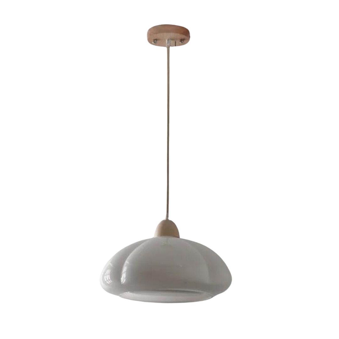 Retro hanglamp met pompoenvormige glazen kap en houten voet