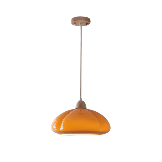 Retro hanglamp met pompoenvormige glazen kap en houten voet