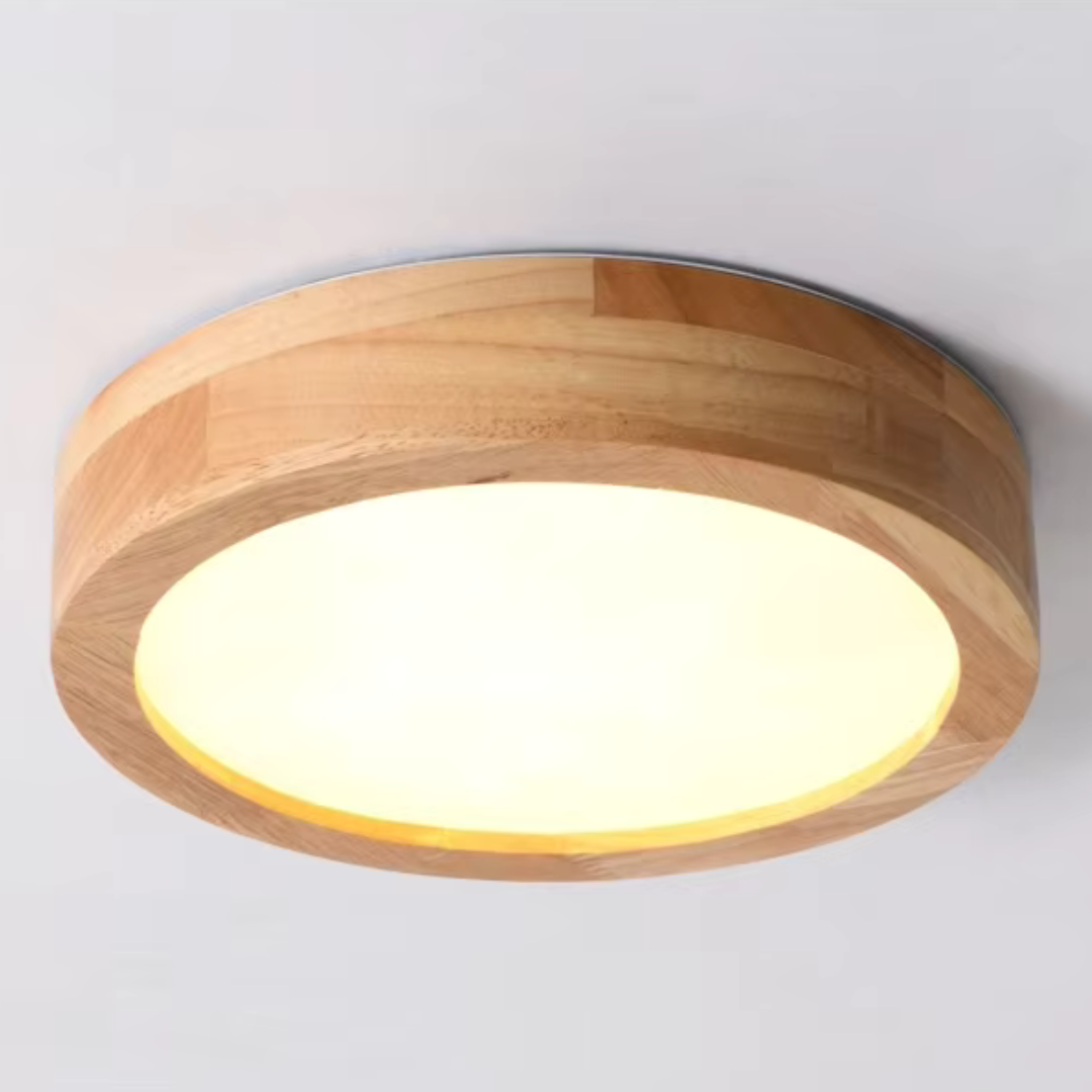 Elegante ronde plafondlamp van hout met LED-verlichting