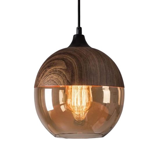 Scandinavische houten plafondlamp met getint glas en verstelbare hoogte