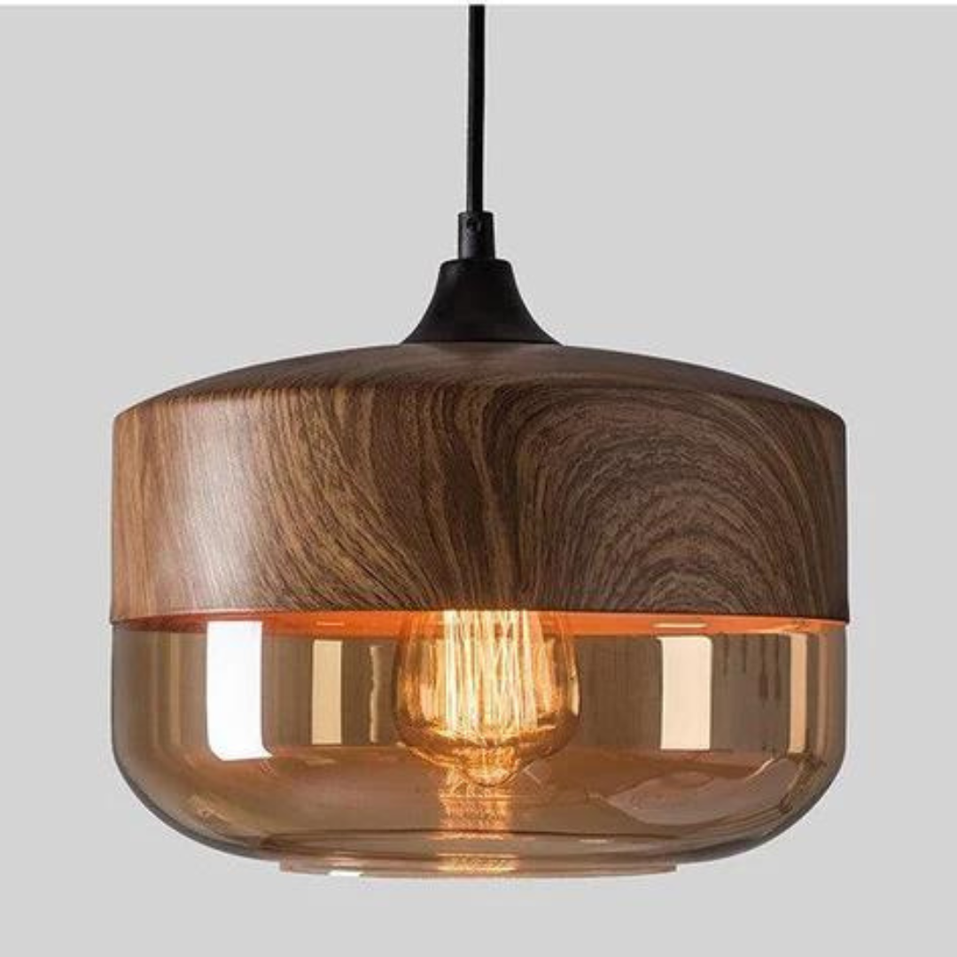 Scandinavische houten plafondlamp met getint glas en verstelbare hoogte