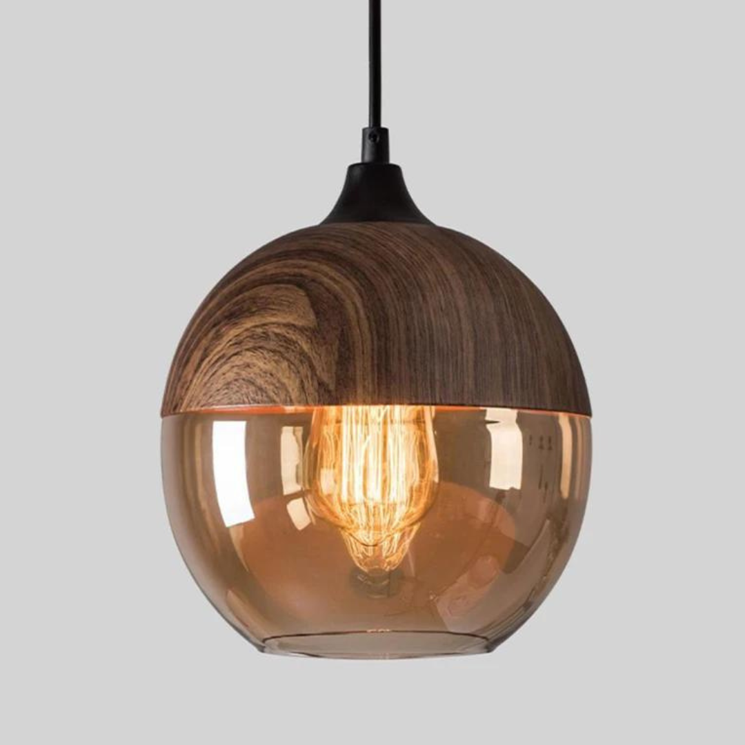 Scandinavische houten plafondlamp met getint glas en verstelbare hoogte